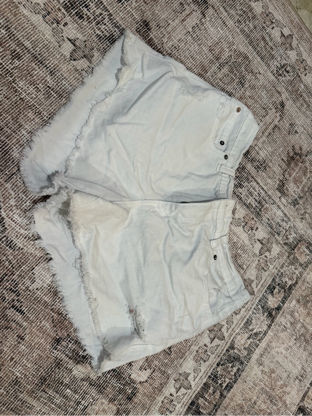 aerie White Frayed Hem Denim Shorts